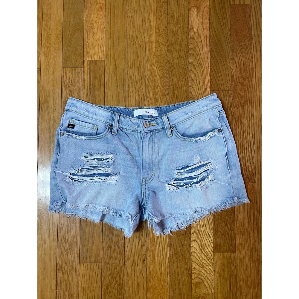KanCan Women Light Wash Distressed Denim Shorts Raw Hem Frayed Blue Size 28/ 9
